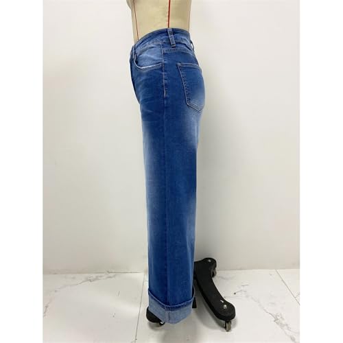 Women's Washed Dark Blue Straight Leg Jeans High Stretch Washed High Waist Jeans Wide Leg Fashion Nine-Point Jeans4