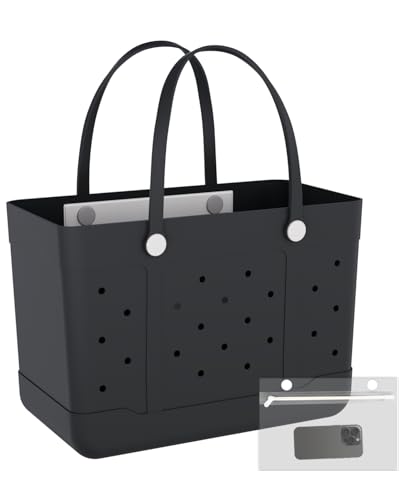 MEIKWAN X-Large Rubber Tote Bag Rubber Pool Tote Beach Bag for Womens Washable Durable Beach Tote for Travel Shopping Sport Vacation (Black)