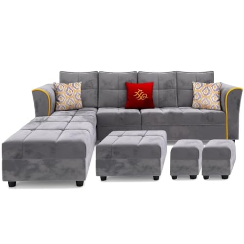 FURNY Melrond 8 Seater Fabric LHS Sectional L Shape Sofa Set with 1 Centre Table & Puffy (Grey)