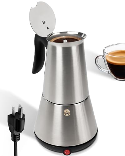 Belly Moka Electric Moka Pot with Detachable Base Stainless Steel Espresso Maker 10oz 6 Cup 300ml Silver Italian Coffee Maker for Kitchen Home 110V