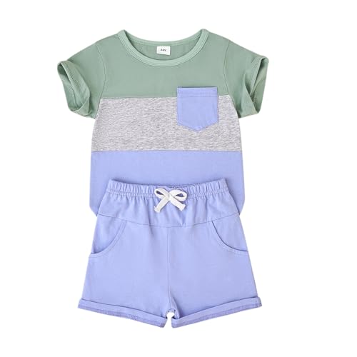 Image of Toddler Boy Clothes Baby Summer Outfit Patchwork Tee Shorts 12M-4T | Soft Patchwork Tee, Pocket Shorts With Stretch Waistband, Breathable For Summer Play, Machine Washable