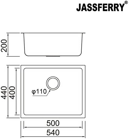 JASSFERRY Undermount Stainless Steel Kitchen Sink 1 Single Deep Square Bowl with Strainer Waste kit, 540 x 440 mm