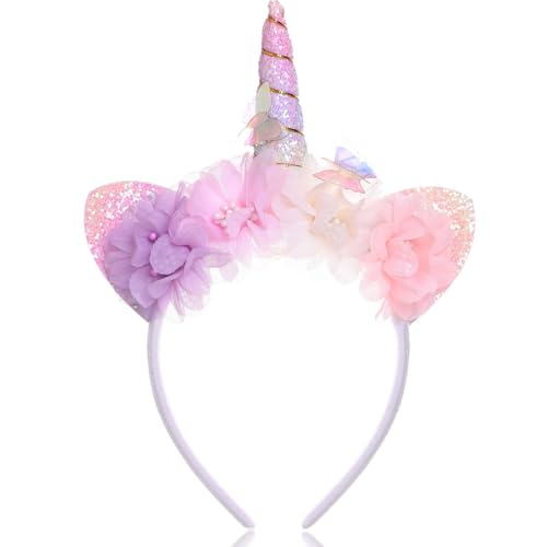 Unicorn Headband for Women - Flower Glitter Horn with Butterfly &...