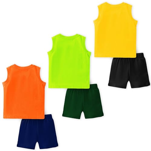 Image of TS LAVI TAVI Baby Cotton Clothing Set | Sleeveless T-Shirt & Shorts Combo | Summer Wear for Boys & Girls | Soft Breathable Fabric | Multicolor Pack of 3