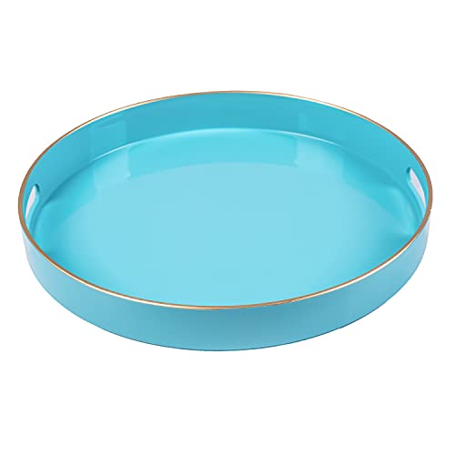MAONAME Rundes blaues dekoratives Tablett für Couchtisch, 33 cm, modernes Kunststoff-Tablett mit Griffen, Serviertablett für Ottomane, Badezimmer Cover