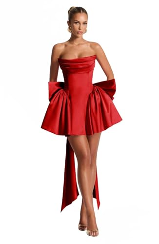 Satin Homecoming Dresses Strapless Corset Cocktail Party Gown Short A-Line HOCO Dress with Bow