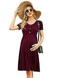 KOJOOIN Damen Umstandskleid Rundhalsausschnitt Schwangerschaftskleid Casual Rüschen Stillkleid mit Knöpfen Weinrot(Kurzarm) M
