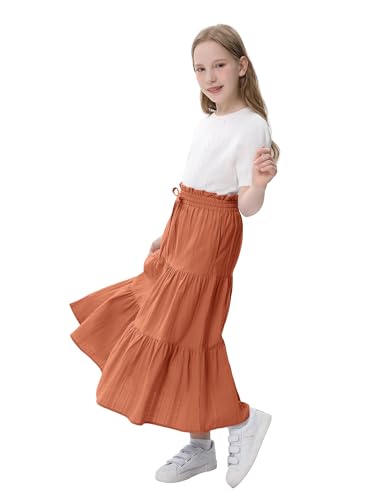 Image of Maxi Skorts Skirt for Girls Button Front High Waisted Long Skirt with Belt Ruffled Skirts with Pocket 3-12Years