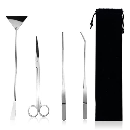 LUMITERRA Aquarium Reinigung Tools, 4 Stück Premium Edelstahl Wasserpflanzen Werkzeuge, Anti-Rost Werkzeug Set mit Schwarzen Aufbewahrungstasche für Fisch Tank Reinigung Pflanze Trimmen.