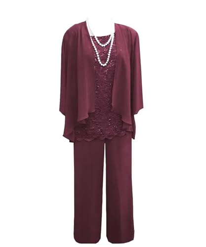 3 Pcs Mother of The Bride Pant Suits for Women Dressy - Lace Applique Chiffon Pantsuits Formal Wedding Party with Jacket Desert Rose US12