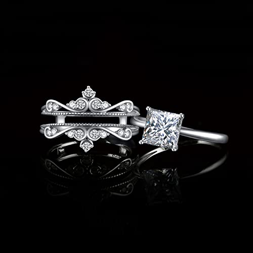 JewelryPalace Vintage Princess Cut 2ct Cubic Zirconia Solitaire Engagement Ring for Women, Classic 14K White Gold 925 Sterling Silver Promise Ring for her, Crown Enhancer Wedding Band Ring Bridal Sets3