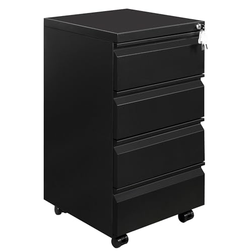 HOMSTEEL Cajonera móvil, Archivador Metálico con Cerradura, 4 Llaves, 4 Cajones, Premontado, para Oficina, Oficina en Casa, Negro