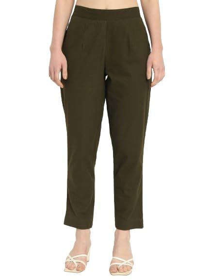 Image of Women's Solid Straight Fit 100% Cotton Trousers | High Waist, Side Pockets, Ankle Length Pants for Office, Casual