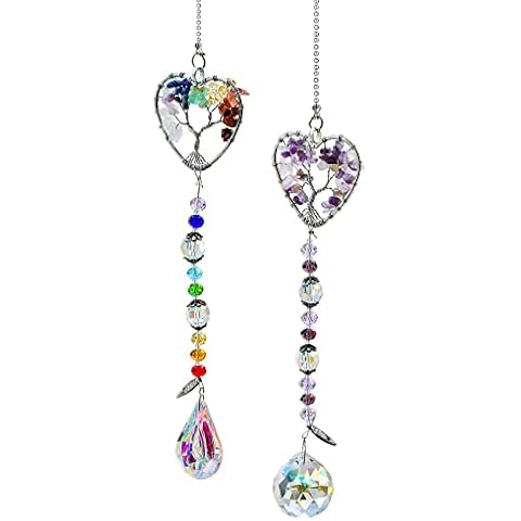 Set of 2 Crystal Rainbow Chakra Suncatcher for Window Indoor, Handmade Sun Catchers Hanging Ornaments Crystal Ball Prism, Heart-Shaped Tree of Life Pendant Decorations for Garden Cover