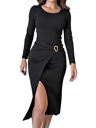 CHICME Women's Bodycon Midi Dress 2025 Long Sleeve Ruched Waist Slim Fit Slit Buckle Decor Dress Cocktail Party Dress4