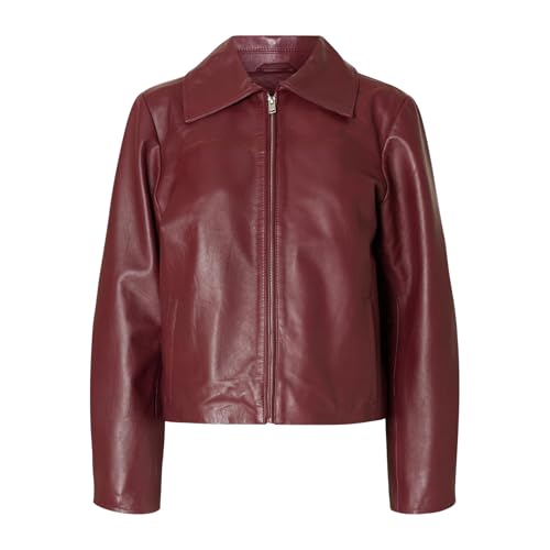 Image of Women's Maroon Faux Leather Jacket | Stylish Zip-Up Biker Jacket for Women | Casual Winter Motorcycle Coat | Long Sleeve PU Leather Fashion Outerwear with Collar for Daily Wear (S - XXL)