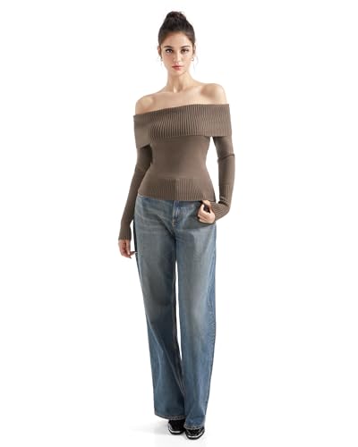 Image of SUUKSESS Women Off Shoulder Sweaters Long Sleeve Ribbed Knit Fall Tops