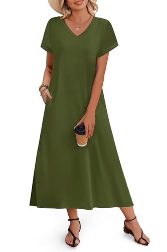 Image of Zeagoo Women Summer Floral Dress Short Sleeve Beach Dress with Pockets Casual V-Neck Split Long T-Shirt Dress Travel Vacation