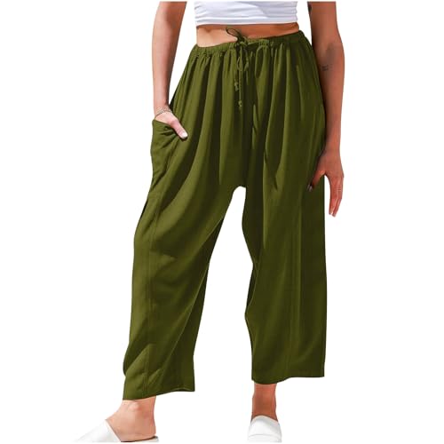 Lastesso Women's Pants Casual Wide Leg Baggy Trousers with Pockets Comfy Cotton Drawstring Travel Vacation Lounge Capris