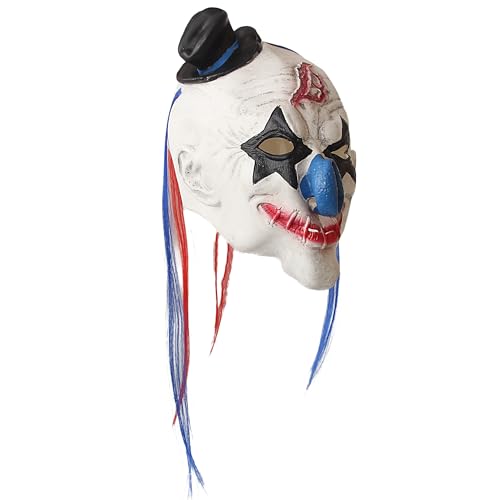 Carnavalife Máscara payaso látex con pelo rojo-azul, nariz azul, mini sombrero; cobertura rostro para Halloween, cosplay; talla única adulto unisex (Máscara con pelo, 1)