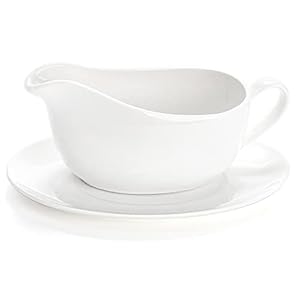 Yesland 15 oz Gravy Boat and Tray, Ceramic White Gravy Sauce Boat with Saucer Stand for Dining, Holiday Meals & Parties