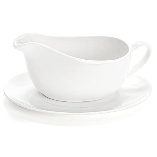 Yesland 15 oz Gravy Boat and Tray, Ceramic White Gravy Sauce Boat with Saucer Stand for Dining, Holiday Meals & Parties