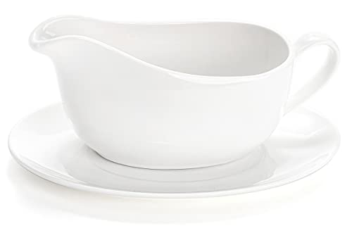 Yesland 15 oz Gravy Boat and Tray, Ceramic White Gravy Sauce Boat with Saucer Stand for Dining, Holiday Meals & Parties