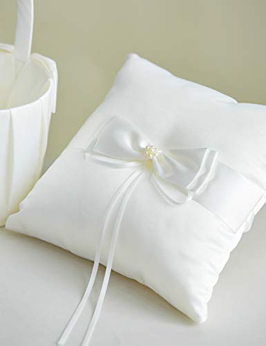 ATAILOVE Wedding Flower Girl Basket and Ring Bearer Pillow Set, Simple Bow Pearl Collection - Ivory - Thumbnail 3