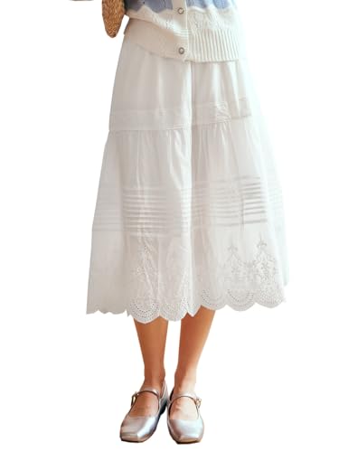 Women's White Cotton Bohemian Long Skirt, Elastic High Waist Eyelet Embroidered Lace Summer Beach Tiered Midi Dress