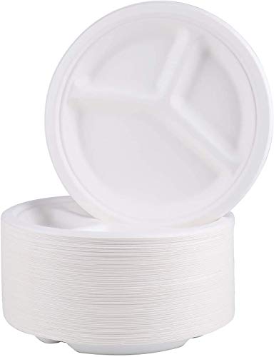 Bekith Paquete de 100 platos de papel, 10 pulgadas (25 cm) de 3 compartimentos biodegradables platos desechables compostables, bagazo natural ecológico hecho de fibras de caña de azúcar, color blanco