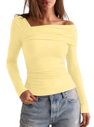 Darong Women's Off Shoulder Ruched Shirts 2026 Fall 9033 Yellow XS