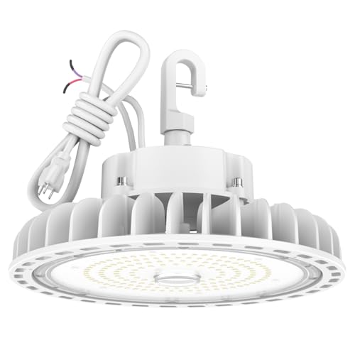 HYPERLITE UFO LED High Bay Lights 100W 14,000LM (140lm/W) 5000K Low Bay LED Lights 1-10V Dimmable 5FT Cable with 110V Plug Hanging Hook Safe Rope UL Listed High Bay Light for Warehouse Gym Workshop