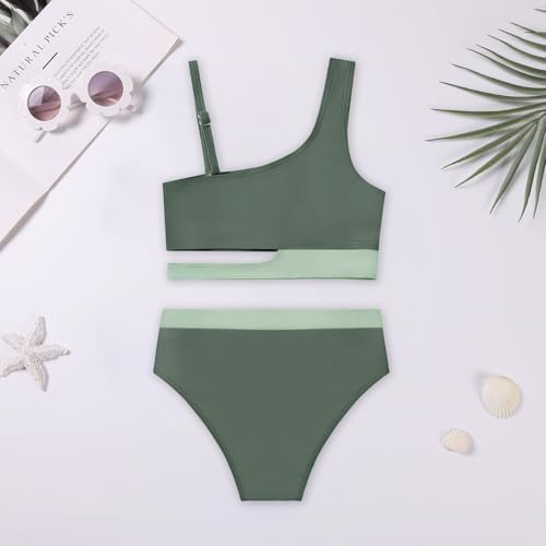Image of Girls 2 Piece Bathing Suits Kids Color-Blocking High Waist Bikini Set Teen Swimsuit Beach Swimwear for 3-16 Years