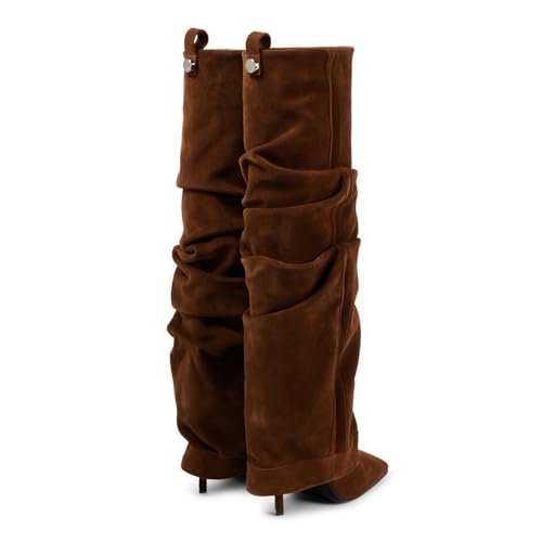 Goolita Fold Over Boots For Women, Square Toe Stiletto Heel Slouchy Knee High Boots Leather Comfortable Slip On Tall Boots3