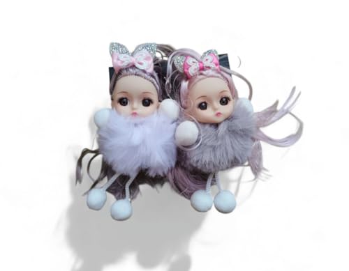 Combo Of Beautiful Decorative Baby Doll Keychains | Fur Fluffy Lovely Keychain | Looks Like Real | Pendant Key Chain Gift for Girl Women (WhiteAnd Grey)