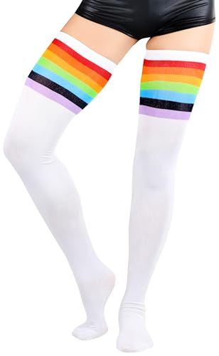 Image of ToBeInStyle Women's Bright Vibrant Rainbow Striped Thigh High Rave Stockings