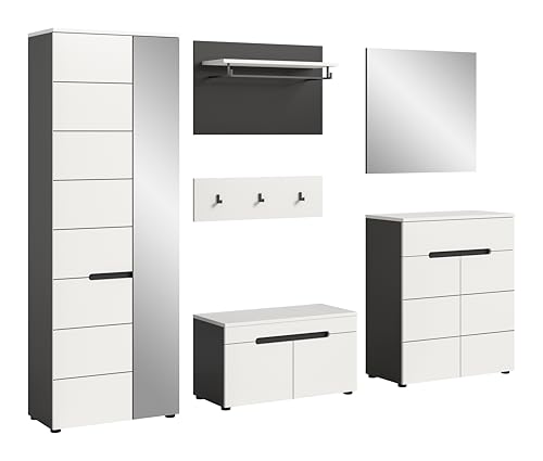 xonox.home - Garderobenkombination Canu 5tlg. 255x190x37 cm in Korpus Basalt grau Nb., Front weiß Nb. - Garderobenschrank Garderobenmöbel Flurmöbel-Set Flursystem Stauraumlösung
