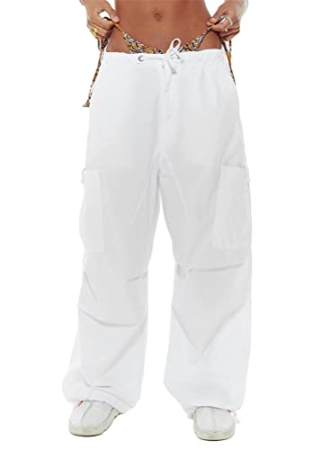ORANDESIGNE Pantalon Cargo Ample Femme Pantalon Décontracté à Taille Basse Y2K Pantalon de Jogging Hippie Pantalon de Loisirs Jambe Large Hip Hop Streetwear Harajuku A Blanc M
