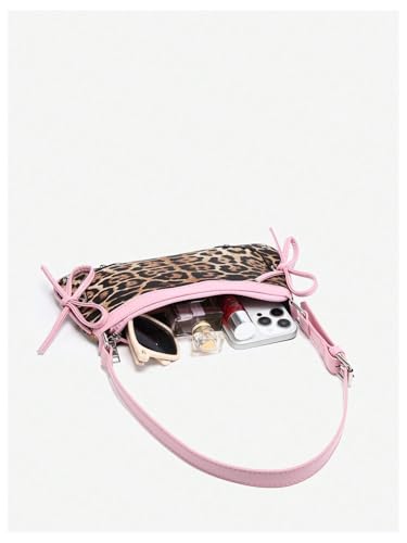 Image of QWINEE Women's Leopard Print Purse Y2k Cheetah Shoulder Bag Bow Studded Clutch Zipper Adjustable Strap Underarm Bag