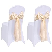 Tomuvpzn 2 Stück Stuhlhussen Weiß, Universell Hochzeit Elegante Stuhl Abnehmbarer Elasthan Stuhlhussen mit 2 Seide Champagnerfarbe Stuhlhusse Schleifen für Hochzeit Bankett Dining Küche Party