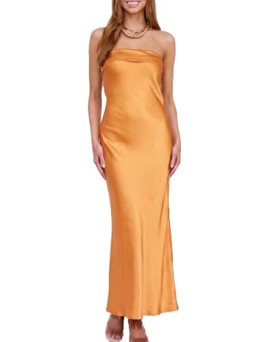Image of Realtix Summer Satin Strapless Backless Maxi Dress for Women Wedding Guest