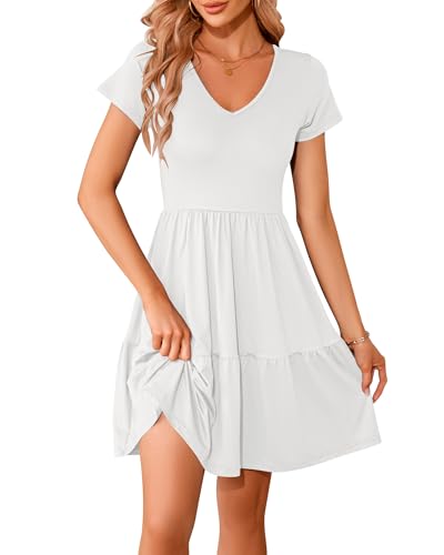 AUSELILY Women Summer Dress Casual Short Sleeve Sundress V Neck Floral Tiered Beach Dresses with Pockets2