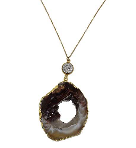 Large Occo Geode Slice Gemstone Silver Druzy Necklace Gift For Her Boho Glam