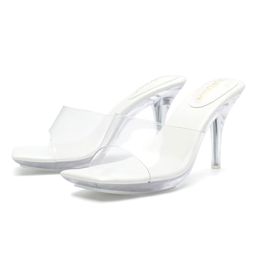 Image of LIURUIJIA Clear Heels For Women Sexy Slip On Open Toe High Heeled Dressy Sandals Comfortable Strappy Mules