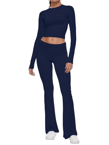 Image of AnotherChill Women's Long Sleeve Top Foldover Flare Pants Lounge Set | 2 piece cropped shirt and slim flare trousers comfy loungewear, soft modal casual matching sets, travel airport outfits