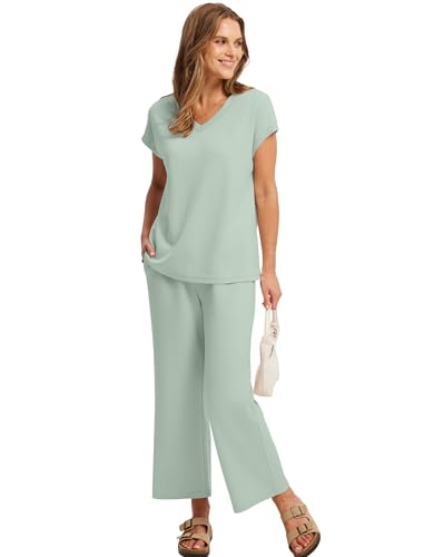 Image of Saloogoe Two Piece Sets for Women Summer Outfits Lounge Sets V Neck Tops Wide Leg Pants Woman Vacation Travel Outfits
