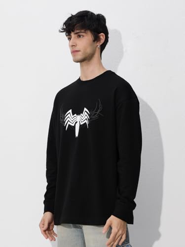 Image of The Souled Store Marvel: Venom Men and Boys Round Neck Black Graphic Printed Cotton Oversized Full Sleeve T-Shirts