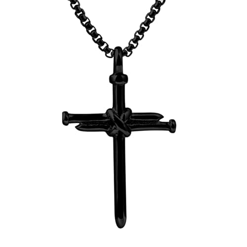 Luxfine Nail Cross Necklace, Stainless Steel Black Pendant, Christian Jesus Jewelry for Men & Women, Birthday Father’s Day Gift (with 24 Inches Chain, Box Packaged)