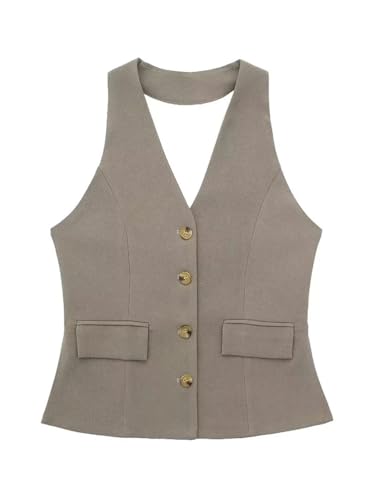 Women Two Piece Set Solid Tank Tops & Straight Leg Pants Vintage V-Neck Single Breasted Female Chic Pants Suit Gray Vest S