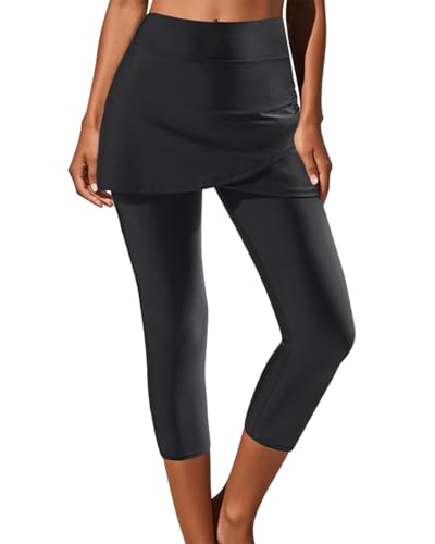 Pinup Fashion Swim Leggings with Skirt - Women Swimming Pants Capris Swimsuit High Waisted UV Swimwear Tights